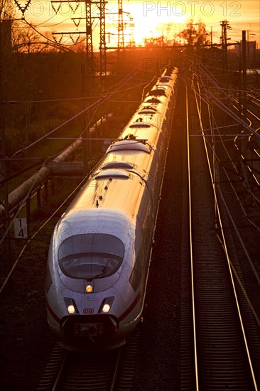 Elevated view of an ICE train at sunset