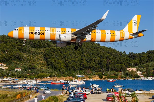 A Condor Airbus A321 aircraft with the registration D-AIAD at Skiathos Airport