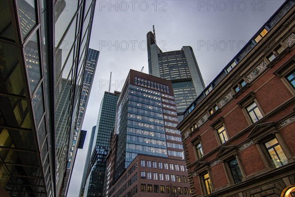 Reflection in a puddle between a historic city centre. Cityscape at the Roemer and the historic houses and streets. Cityscape in Frankfurt am Main