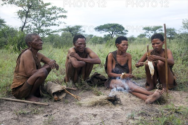 Bushmen cooking roots on handmade fire in the Kalahari desert near Ghanzi