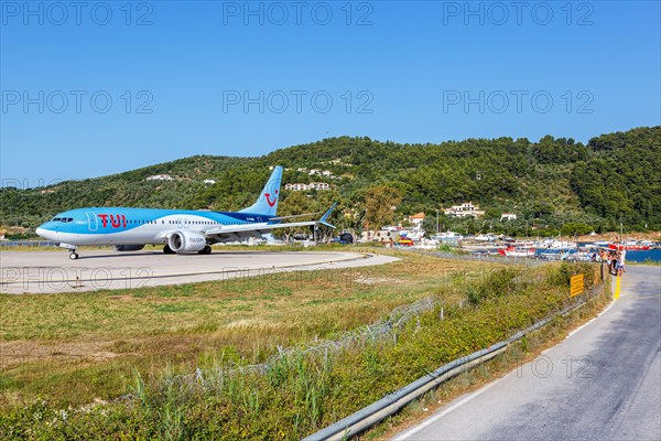 A TUI Boeing 737 MAX 8 aircraft with the registration G-TUMS at Skiathos Airport