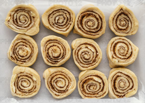 Flat lay cinnamon rolls tray