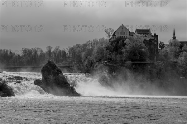 Rhine Falls and Swiss Flag with the Castle Laufen at Neuhausen in Schaffhausen