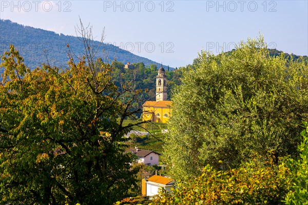 San Martino Provost Church on Mountain Range and Valley with Sky in a Sunny Summer Day in Malcantone