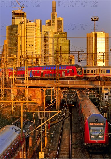 Elevated city view in the evening light with many trains