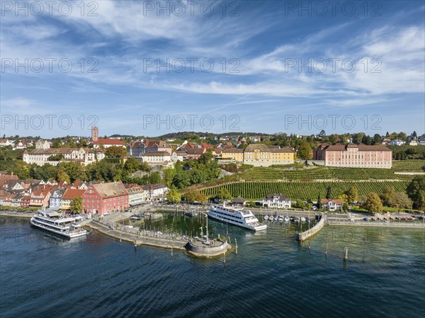 Aerial view of the town of Meersburg with the cruise ships MS Ueberlingen and MS Graf Zeppelin of the Lake Constance Schiffsbetriebe