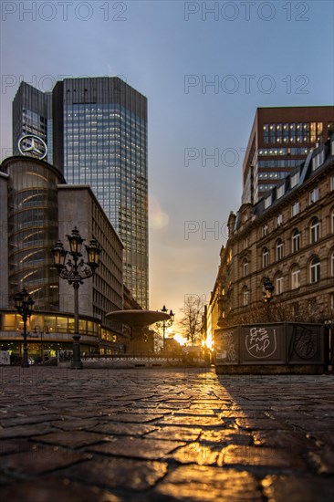 Sunset between skyscrapers. Cityscape with modern office buildings and streets. Insurance companies and banks as a cityscape in Frankfurt am Main