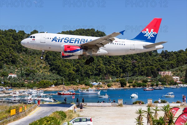 An Air Serbia Airbus A319 aircraft with the registration YU-APF at Skiathos Airport