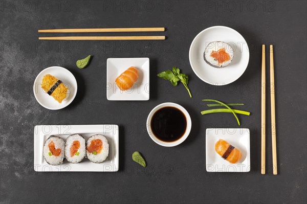 Tasty sushi served with soya souce