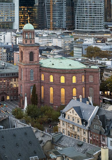 View of the historic city centre with St Paul's Church in front of the banking district