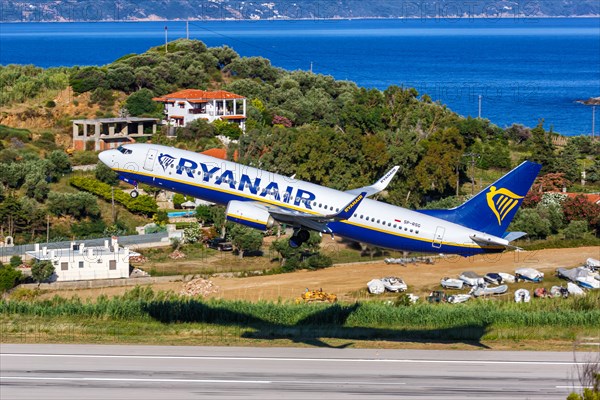 A Ryanair Boeing 737-800 aircraft with the registration SP-RSG at Skiathos Airport