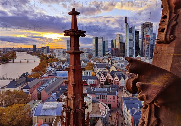 View from St. Bartholomew's Cathedral onto the River Main and the city centre at sunset