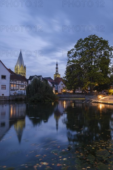 City view at the large pond with St. Patrokli Cathedral and St. Petri Church