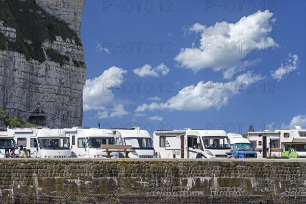 Motorhomes parked along the coast at Saint-Valery-en-Caux