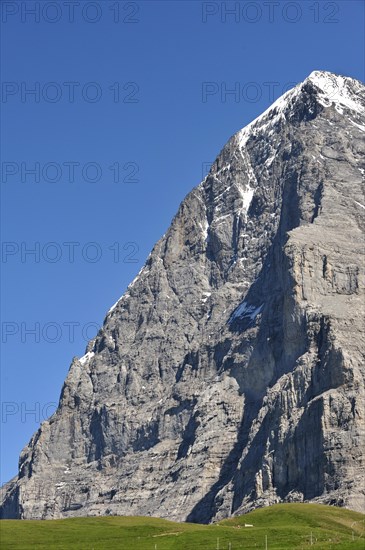 View from the Kleine Scheidegg at the notorious Eiger North Face in the Swiss Alps in summer
