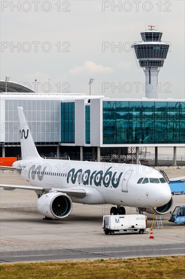 A Marabou Stork Airlines Airbus A320neo with the registration number ES-MBU at Munich Airport