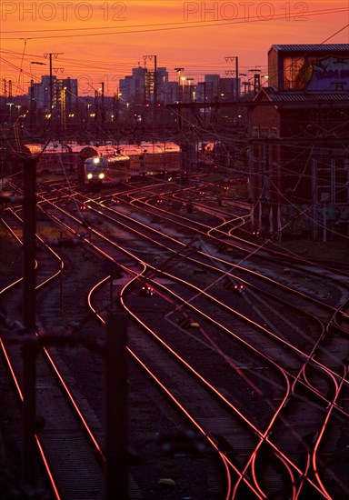 Elevated view of many tracks with a local train at sunset