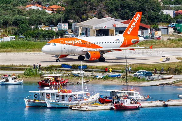 An EasyJet Airbus A319 aircraft with the registration number OE-LQF at Skiathos Airport