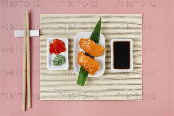 Top view traditional japanese sushi composition