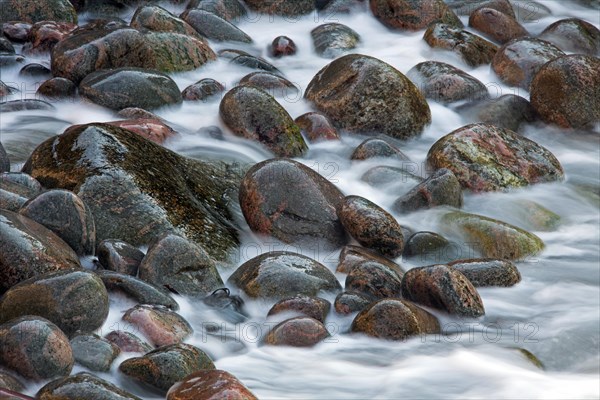 Close up of colourful cobbles covered by wave on shingle beach at rising tide