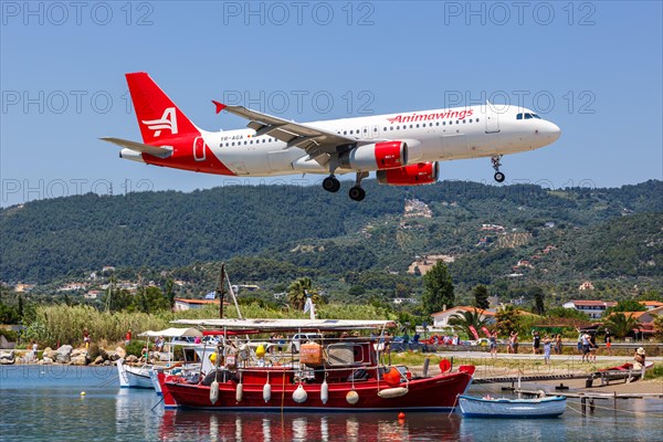 An Animawings Airbus A320 aircraft with the registration YR-AGA at Skiathos Airport