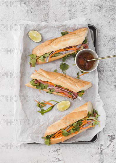 Top view fresh sandwiches tray