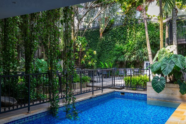 Green courtyard with pool in a hotel