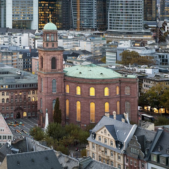 View of the historic city centre with St Paul's Church in front of the banking district