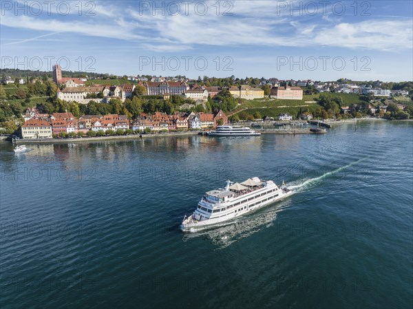Aerial view of the town of Meersburg and the departing MS Graf Zeppelin of the Lake Constance Schiffsbetriebe