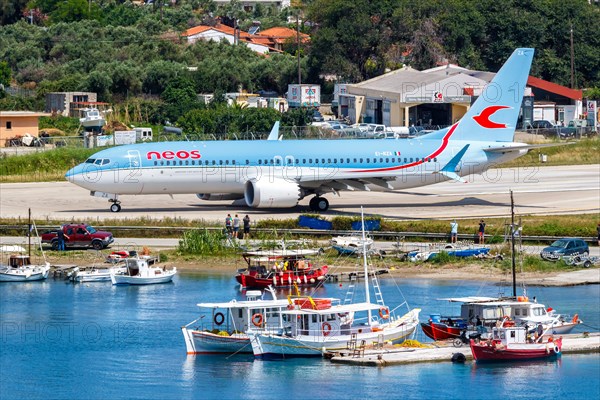 A Boeing 737 MAX 8 aircraft of Neos with the registration EI-RZA at Skiathos Airport