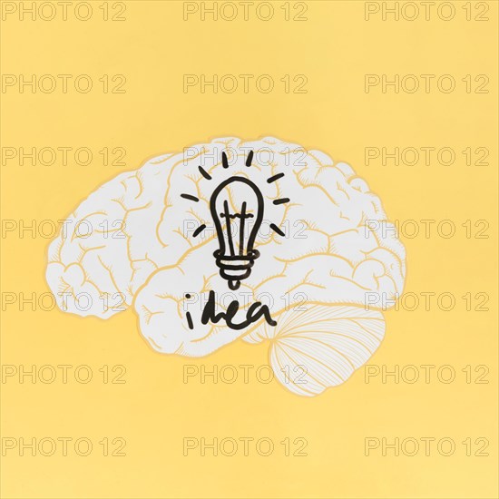 Idea word with light bulb inside brain yellow background