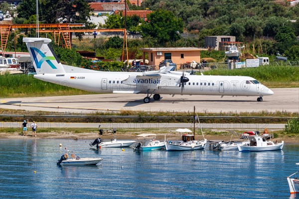 A De Havilland Dash 8 Q400 aircraft of Avanti Air with the registration D-AASH at Skiathos Airport