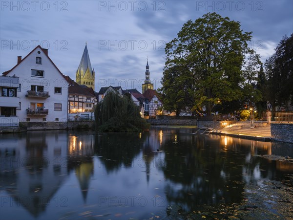 City view at the large pond with St. Patrokli Cathedral and St. Petri Church
