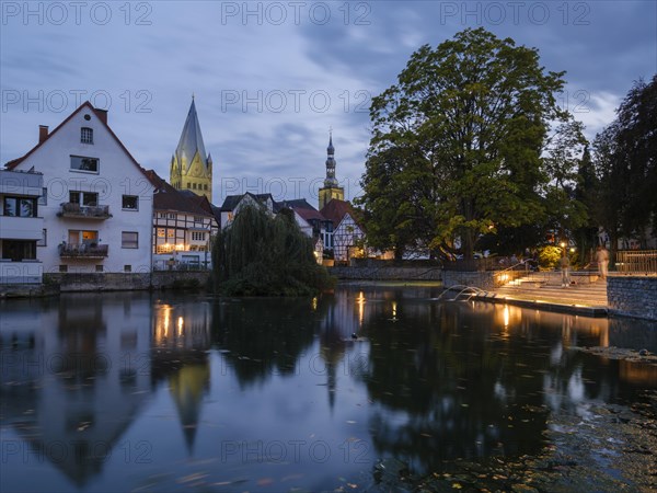 City view at the large pond with St. Patrokli Cathedral and St. Petri Church