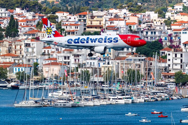 An Edelweiss Airbus A320 aircraft with the registration HB-JJM at Skiathos Airport