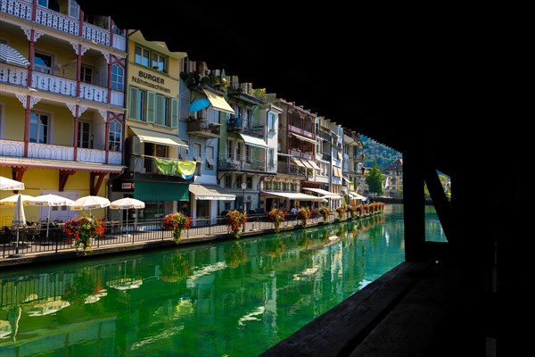 River Aare in City of Thun and View from Untere Schleuse Bridge in a Sunny Summer Day in Bernese Oberland