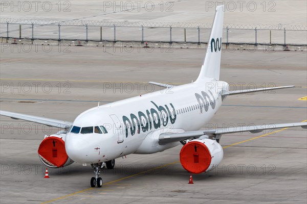 A Marabou Stork Airlines Airbus A320neo with the registration number ES-MBB at Munich Airport