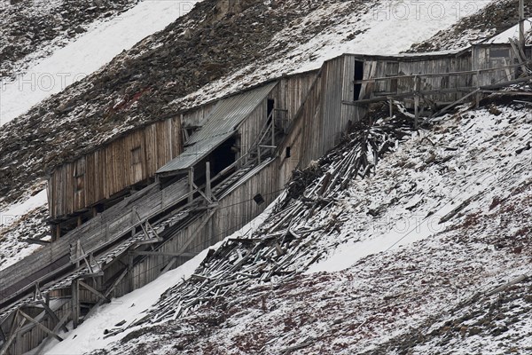 Dilapidated buildings of abandoned former coal mine at Longyearbyen