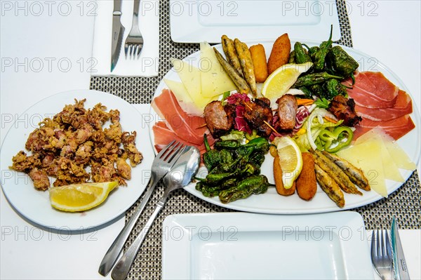 Appetiser plate on a laid table Mediterranean Italian dish Appetiser with small calamari deep-fried on the left