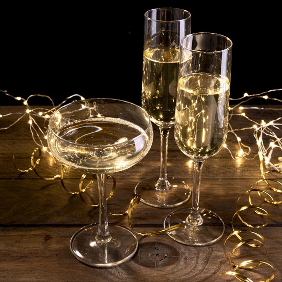 Close up champagne glasses table