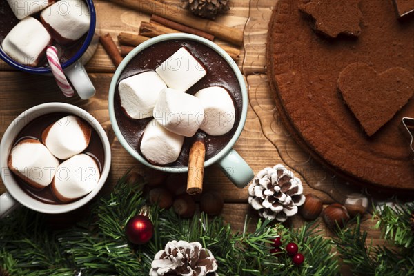 Top view hot chocolate with sweets