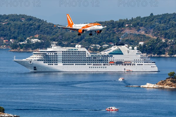 An EasyJet Airbus A319 aircraft with the registration number OE-LQF at Skiathos Airport