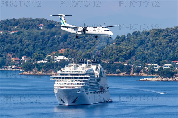 A De Havilland Dash 8 Q400 aircraft of Avanti Air with the registration D-AASH at Skiathos Airport