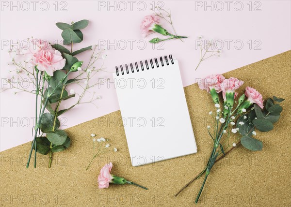 Overhead view spiral notepad surrounded with gypsophila carnation flowers dual pink cardboard background