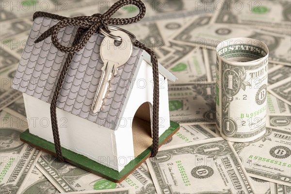 Wrapped house with keys money background