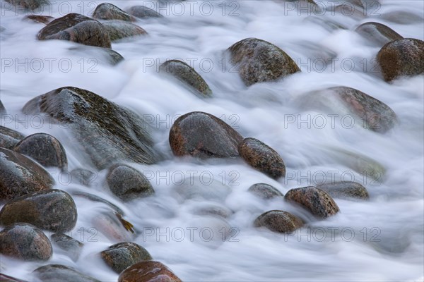 Close up of colourful cobbles covered by wave on shingle beach at rising tide