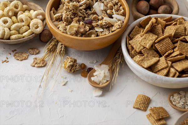 High angle bowls with assortment breakfast cereals