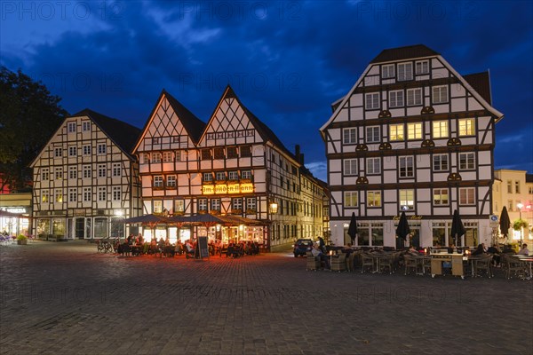 Illuminated half-timbered houses on the market square