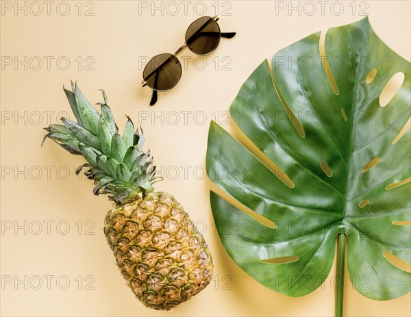 Top view pineapple with sunglasses leaf