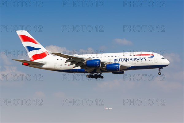 A British Airways Airbus A380-800 aircraft with the registration number G-XLEC at Dallas Fort Worth Airport